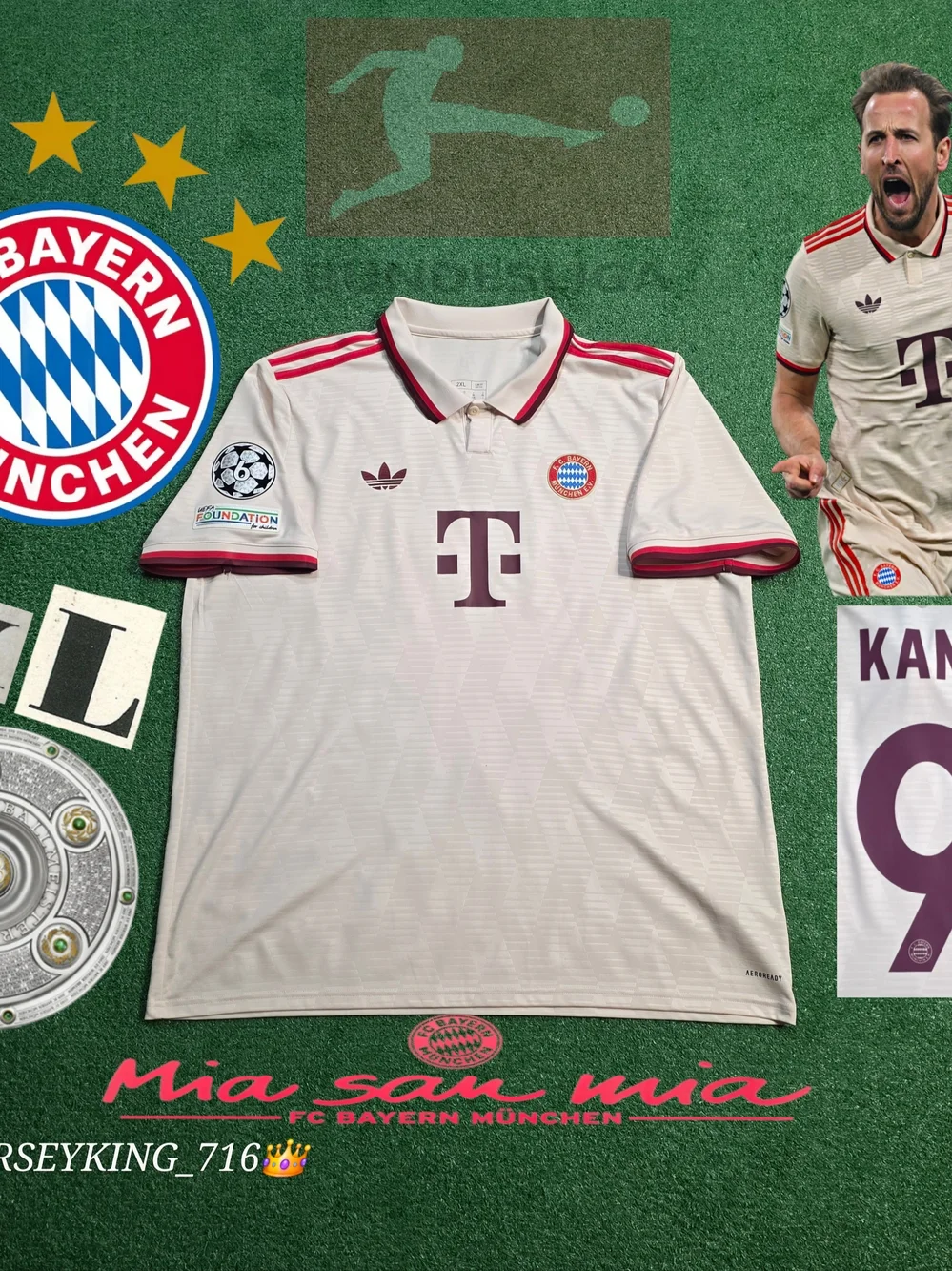 Adidas FC Bayern Munich Harry Kane #9 2023/2024 Third Soccer Jersey UCL Patches